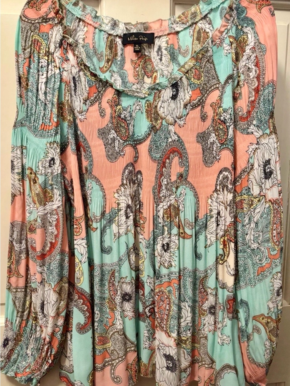 Melissa Paige Peach Mint Paisley Floral Peasant Blouse
